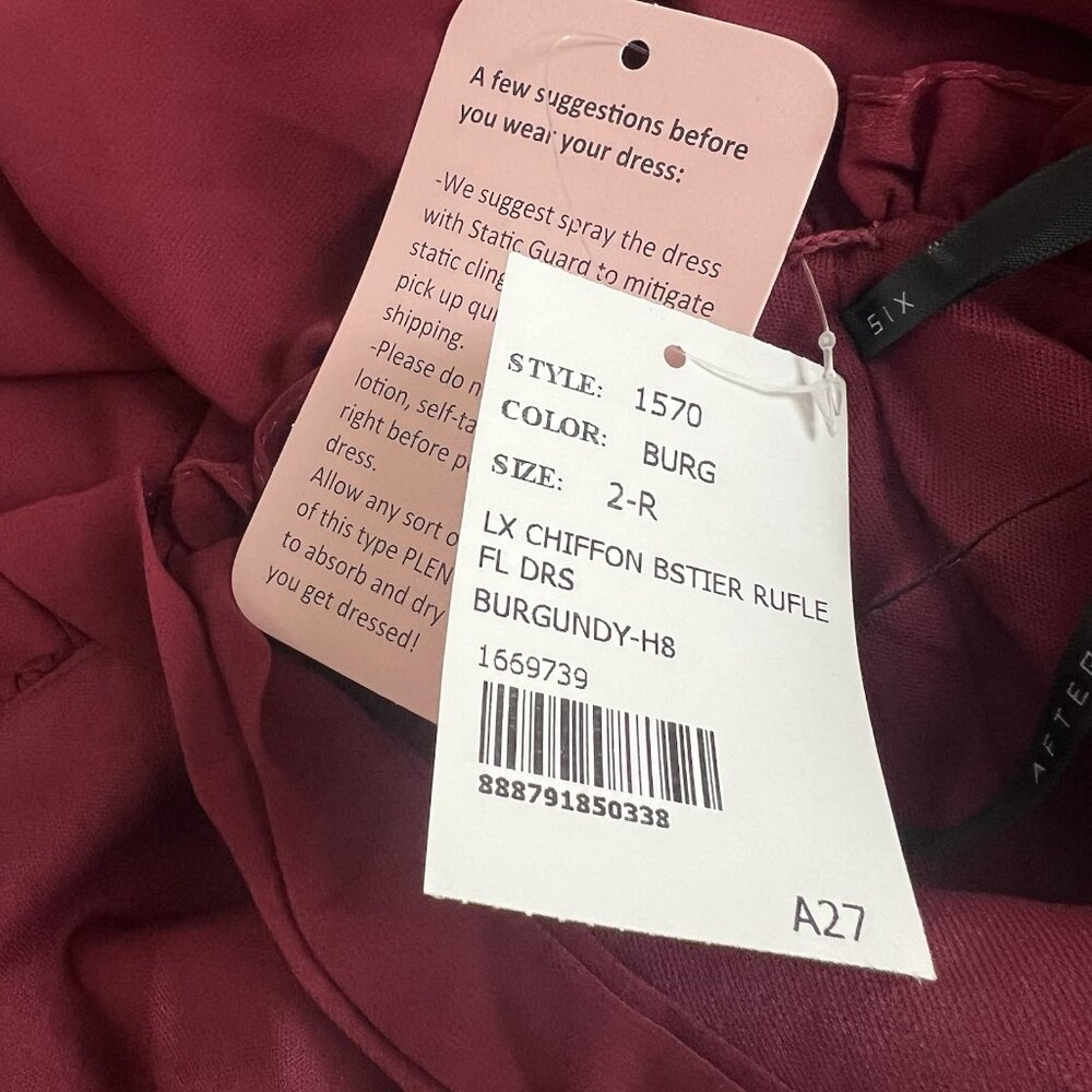 After Six 1570 Size 2 Burgundy Tie-Shoulder Bustier‎ Ruffle Hem Maxi Dress NEW - Picture 9 of 12